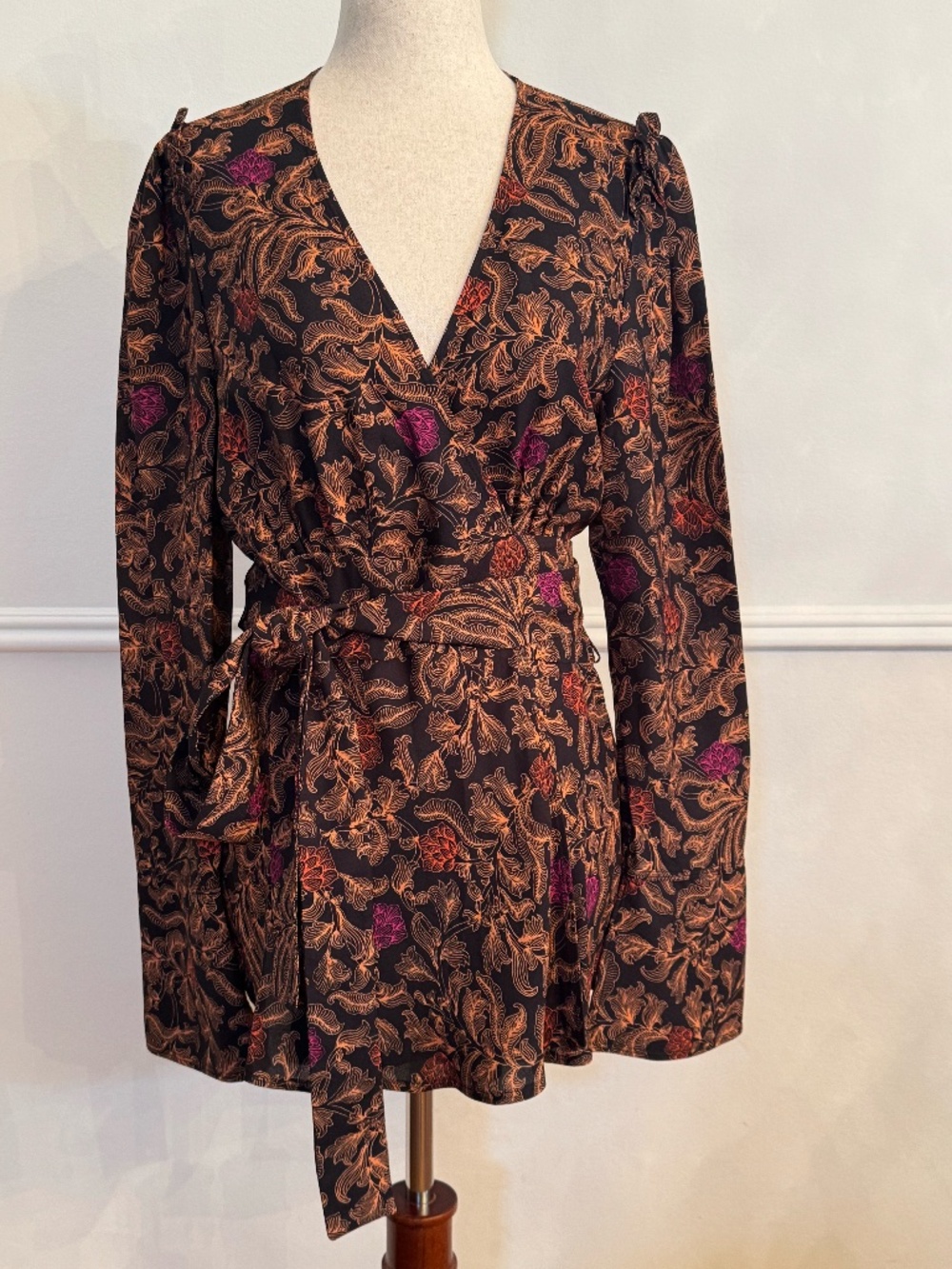 NWT Proenza Schouler Paisley Wrap Top Silk Lined Tie Waist Black Nude Size 10